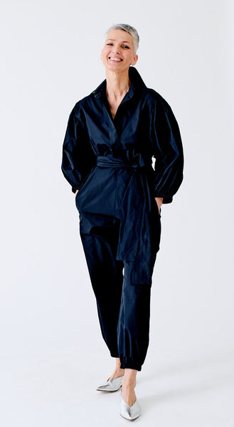 wingate collection oprah jumpsuit in black on female model dynamic shot