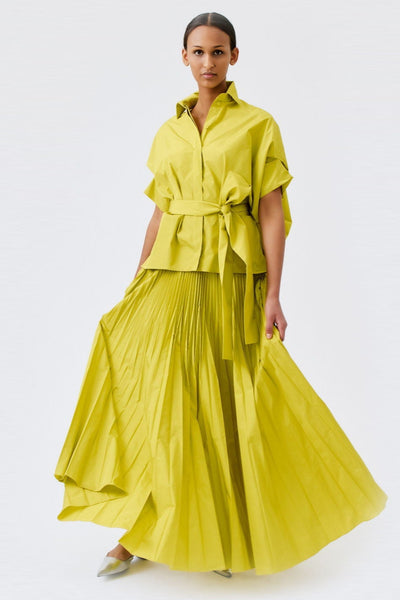 wingate collection tello yellow top on female model with silver slippers dynamic