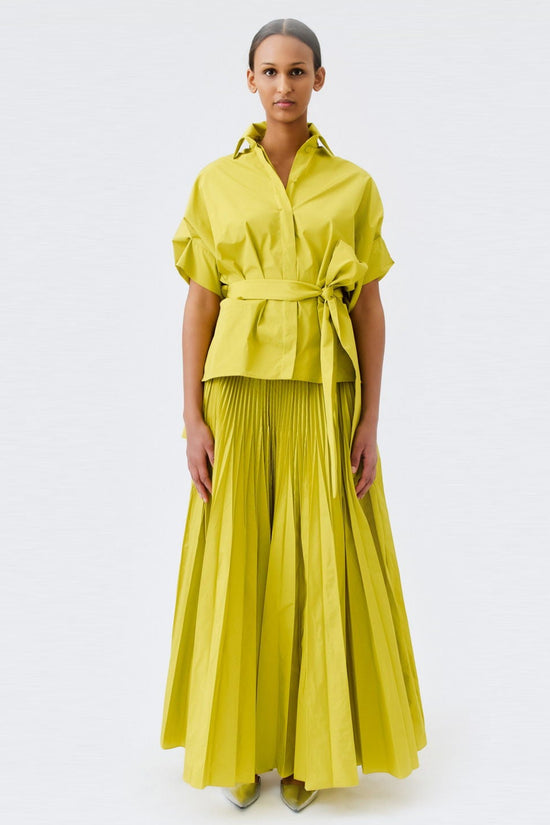 wingate collection tello yellow top on female model with silver slippers front
