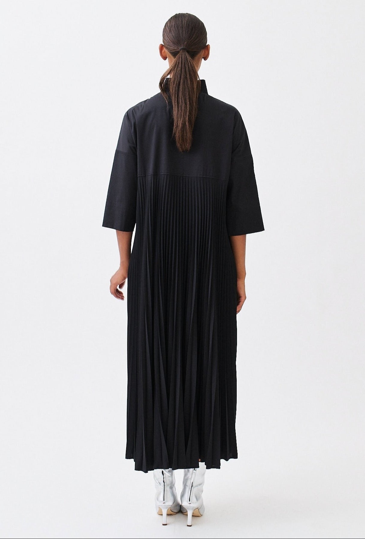 wingate dayne dress black on woman with high silver shoes back