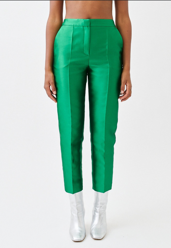 wingate collection peyti green pants on female model with silver boots front