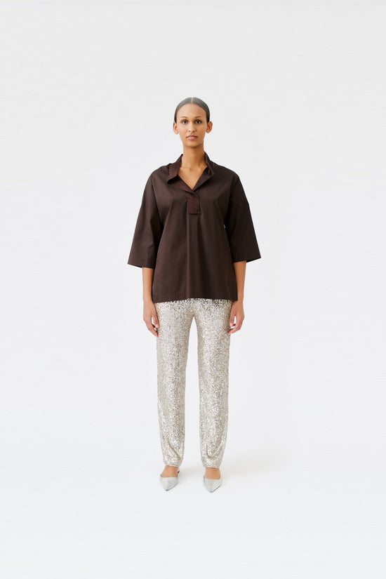 wingate collection tayne mocha top on female model with silver slippers front